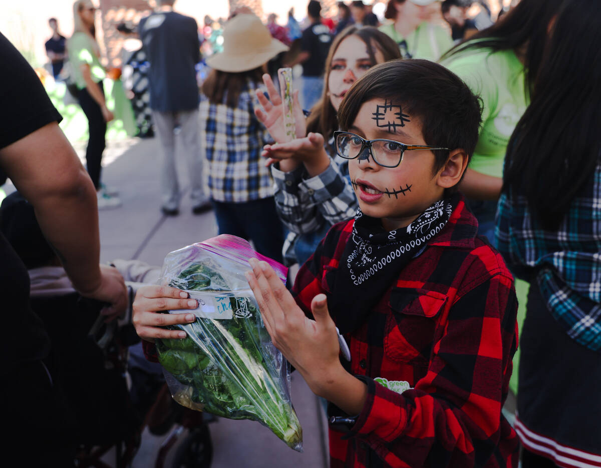Kal-eo Alejos, 10, sells Swiss chard from Dondero Elementary at the semiannual Giant Student Fa ...