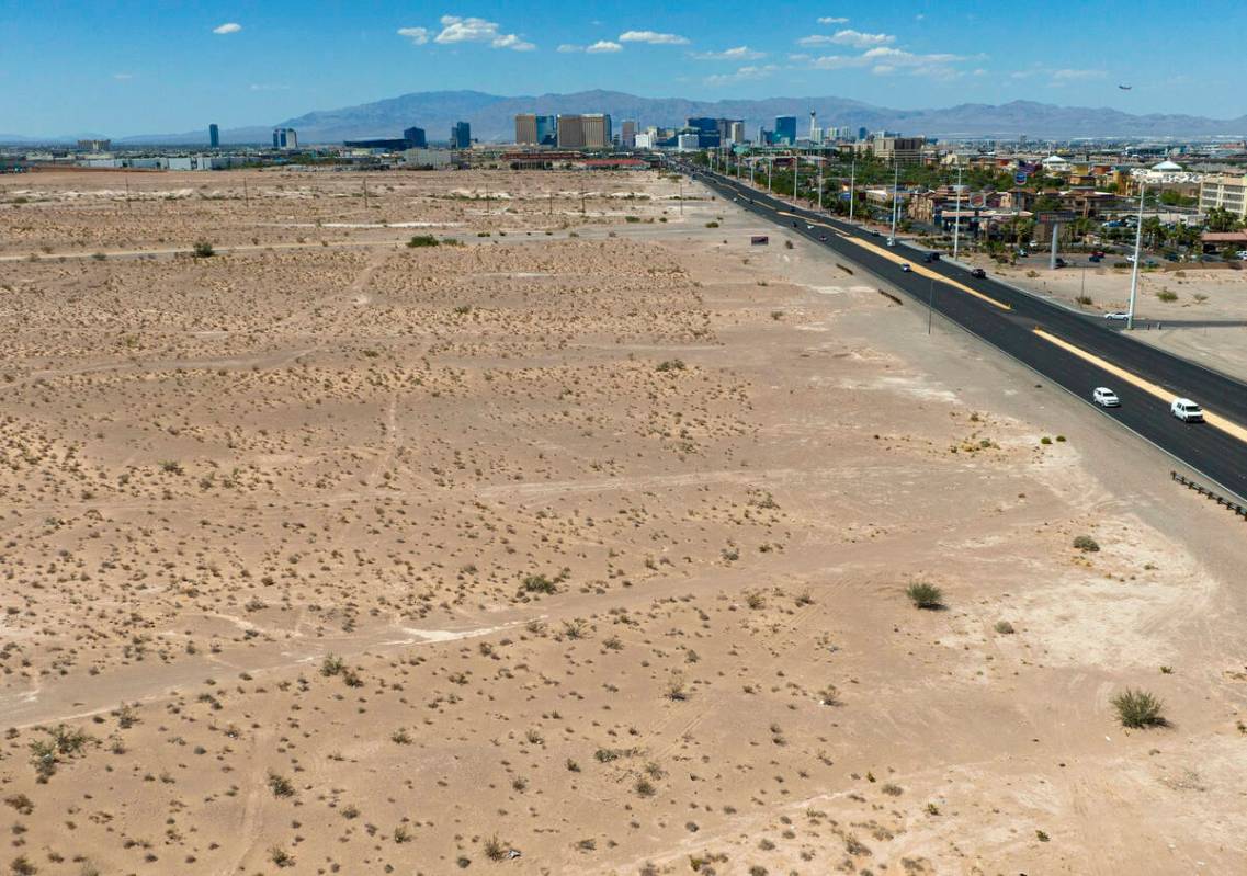 An aerial view of a vacant land south of the Strip at Northwest corner of Las Vegas Boulevard a ...