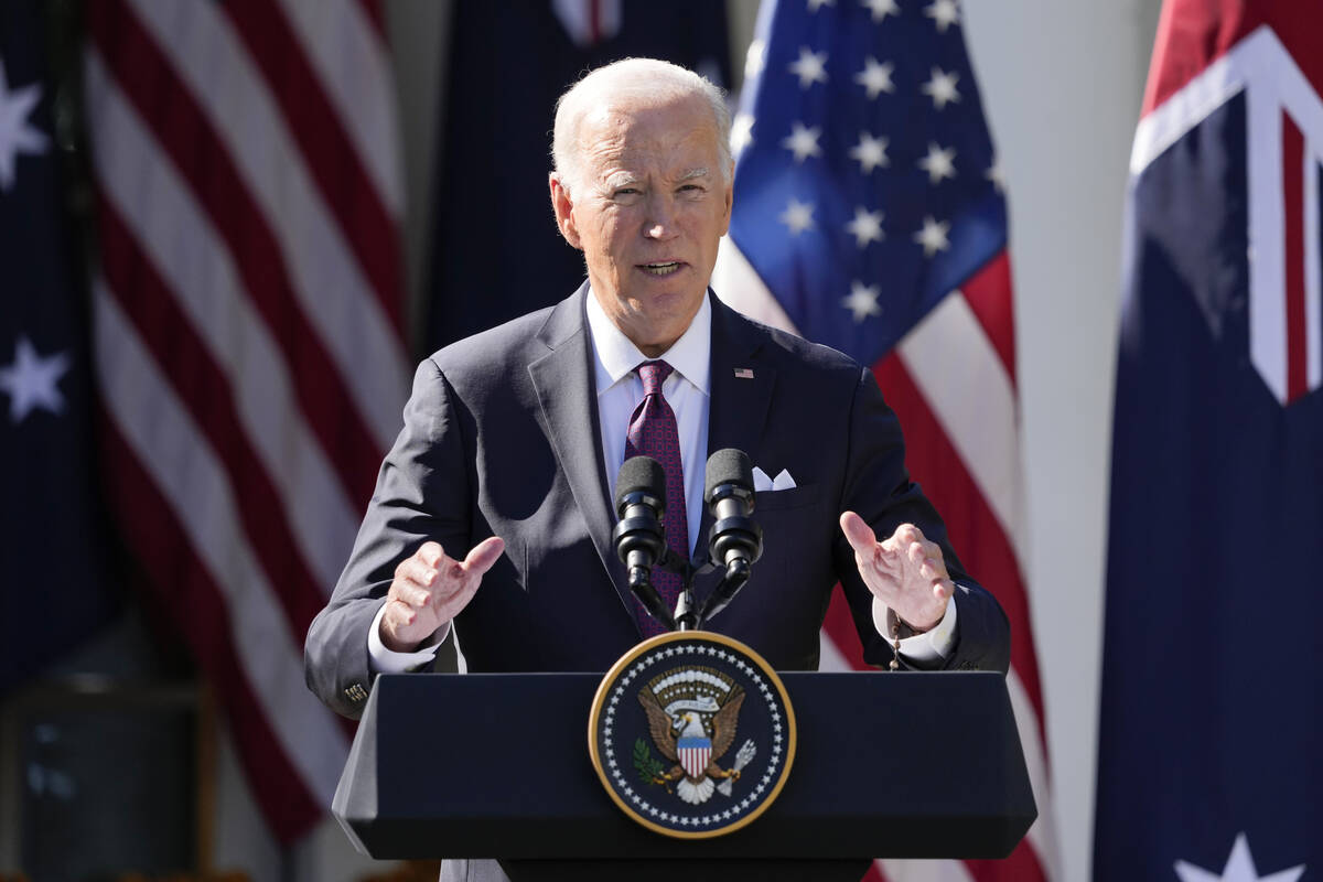 President Joe Biden speaks during a news conference with Australia's Prime Minister Anthony Alb ...