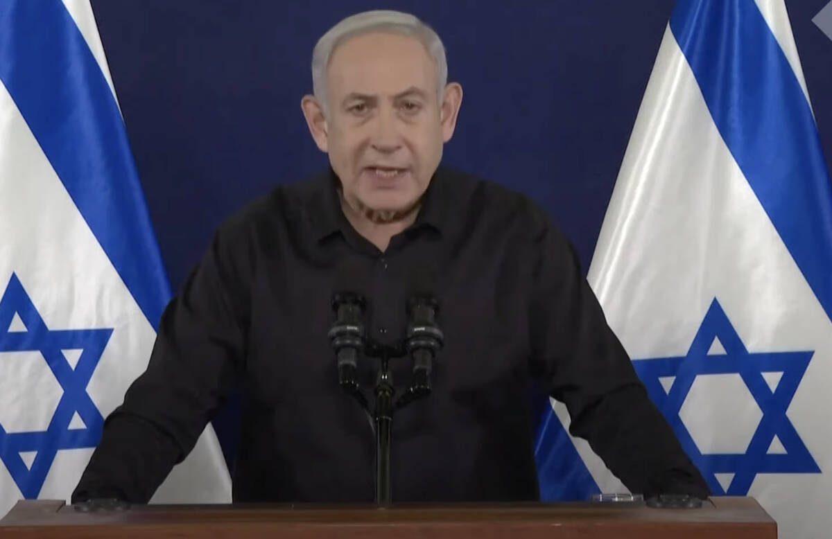 Israeli Prime Minister Benjamin Netanyahu delivers a statement from Tel Aviv addressing the Isr ...
