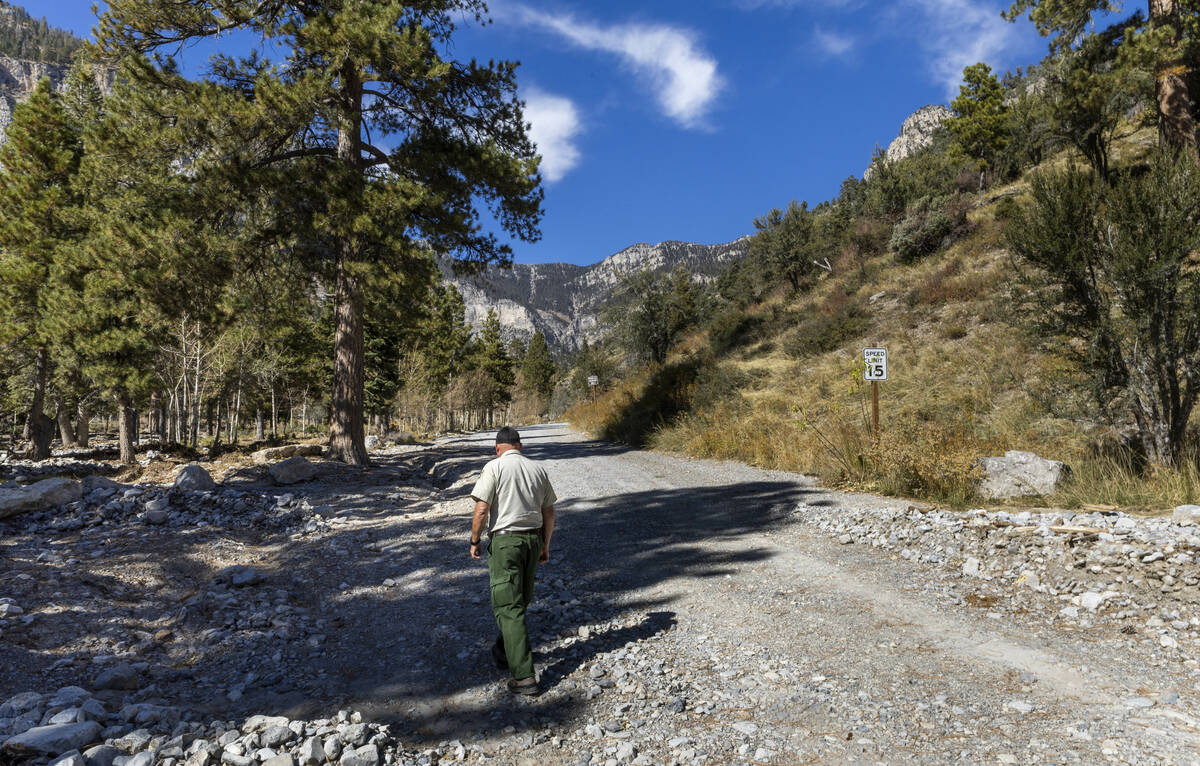 U.S. Forest Service Ranger Ray Johnson walks up from the Trail Canyon parking lot as repairs co ...