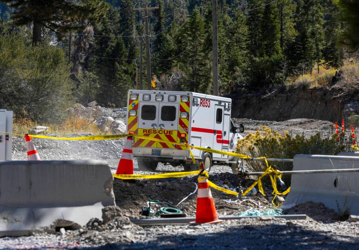 A rescue vehicle makes its way along Echo Road as repairs continue at Mount Charleston from Tro ...