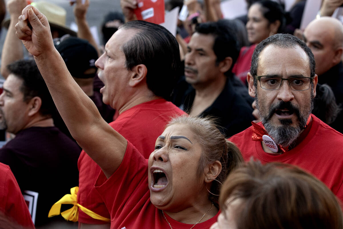 Culinary union members protest for a new contract during a rally along Las Vegas Boulevard on W ...
