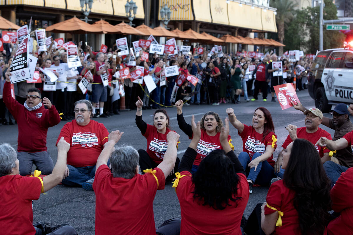 Culinary union members block Las Vegas Boulevard during a rally on Wednesday, Oct. 25, 2023, in ...
