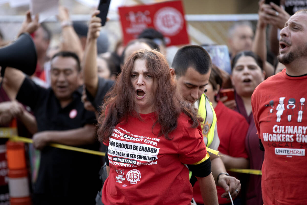 A culinary union member is arrested after blocking traffic along Las Vegas Boulevard on Wednesd ...