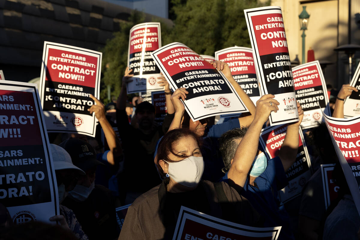 Thousands of culinary union members rally along Las Vegas Boulevard on Wednesday, Oct. 25, 2023 ...