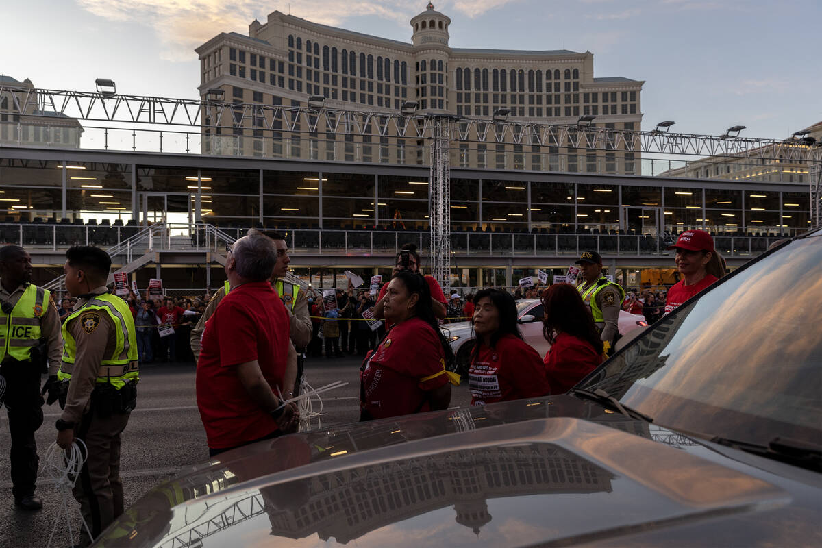 Culinary union members are arrested for blocking traffic during a rally along Las Vegas Bouleva ...