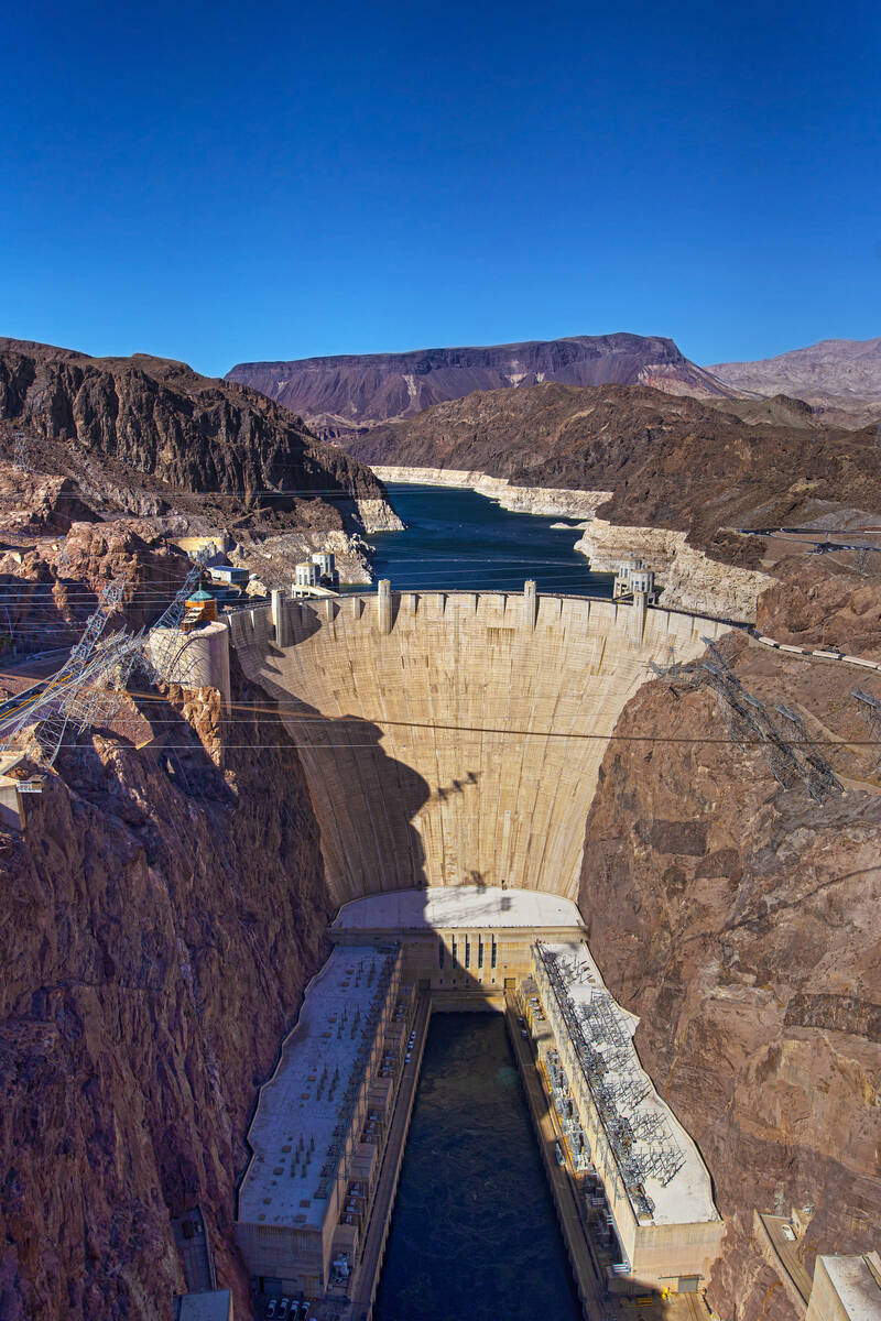 Lake Mead and Hoover Dam on June 8, 2021, in Boulder City, Nev. (Benjamin Hager/Las Vegas Revie ...