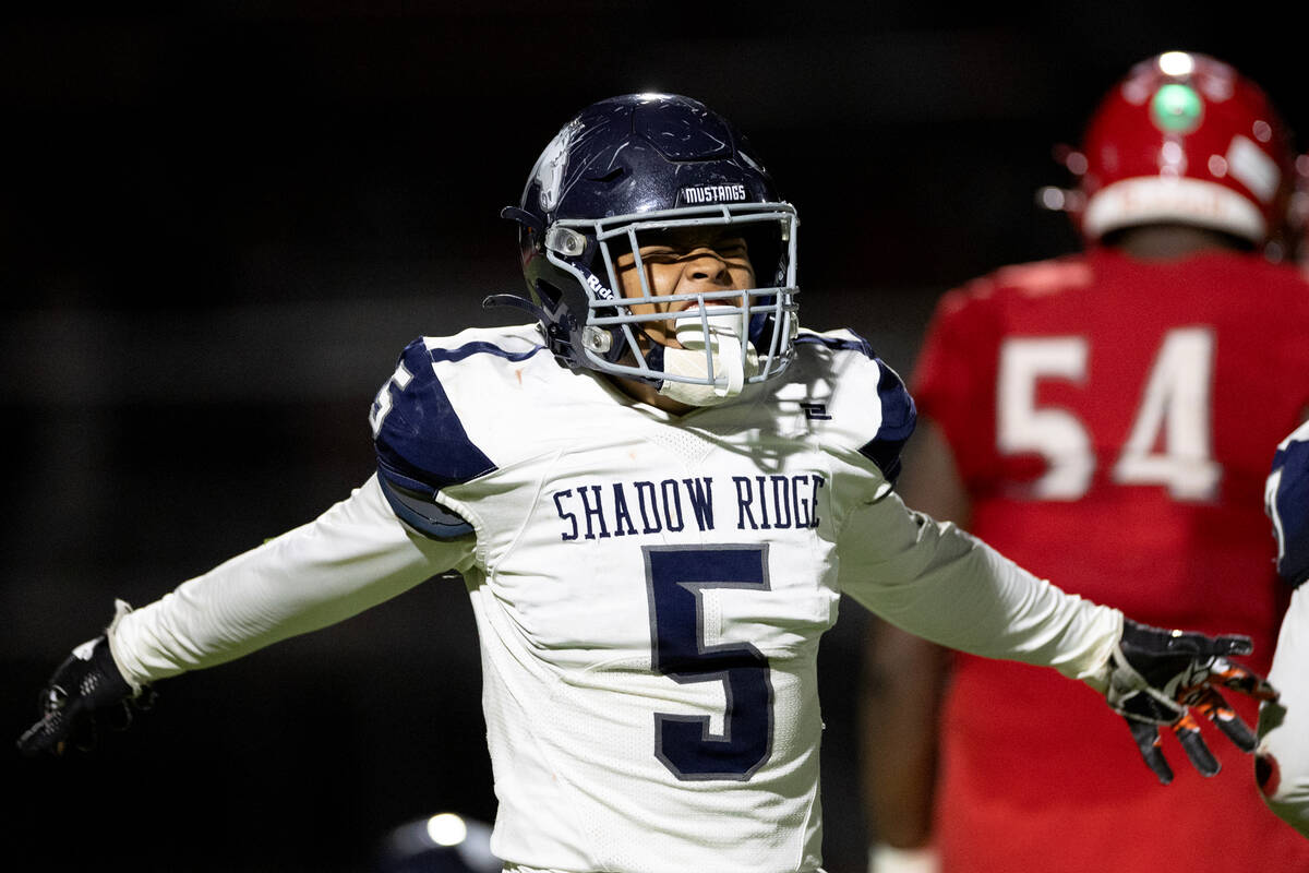 Shadow Ridge running back Keau Hadley Jr. (5) celebrates after his team recovered a fumble from ...