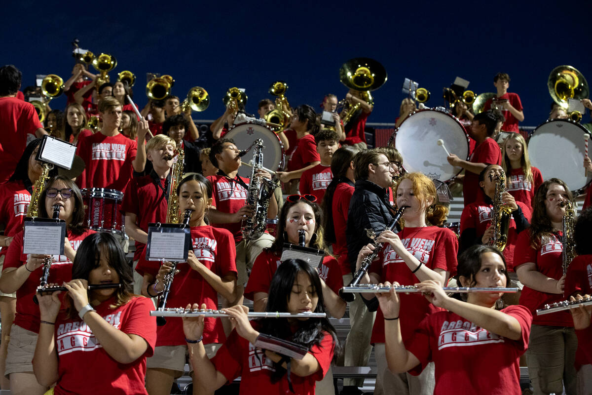 The Arbor View band performs during the first half of a high school football playoff game again ...