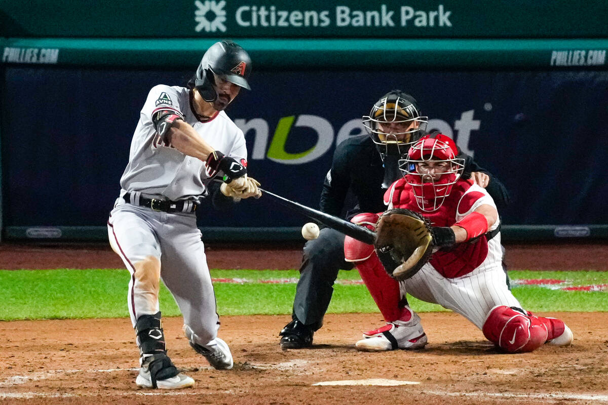 Arizona Diamondbacks' Corbin Carroll hits RBI-single against the Philadelphia Phillies during t ...