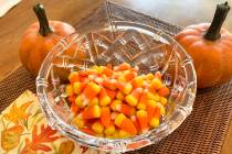 This image shows a bowl of candy corn in Westchester County, N.Y. on Oct. 23, 2023. Cruel joke ...