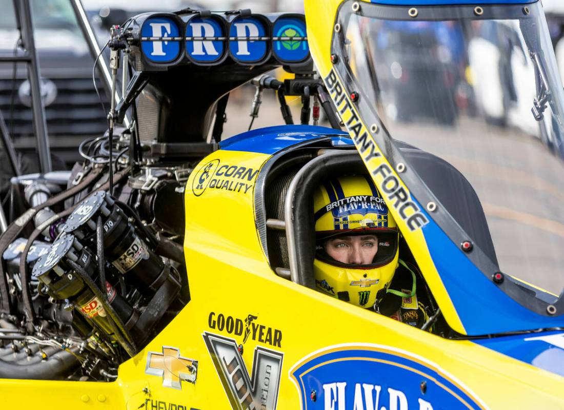 Top Fuel racer Brittany Force in the cockpit of her dragster before a during a qualifying sessi ...