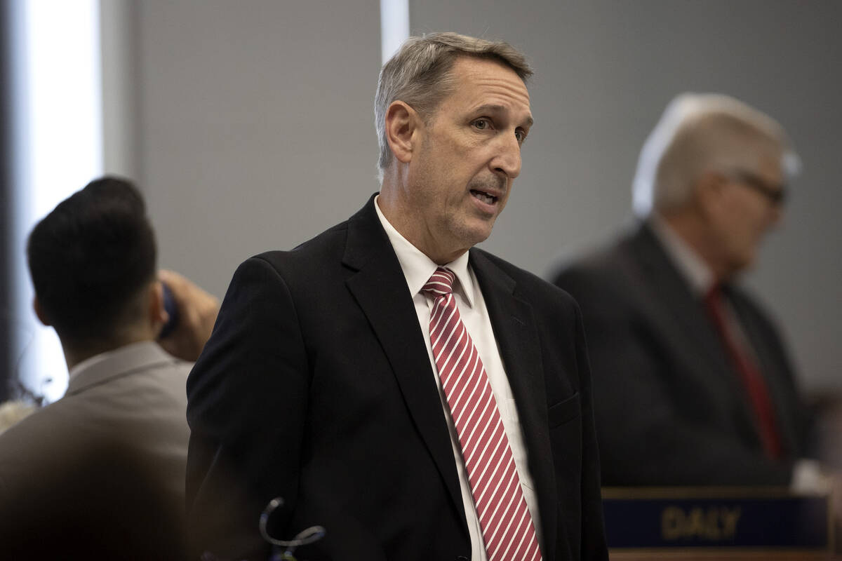 Sen. Scott Hammond, R-Las Vegas, speaks with fellow senators on Feb. 8, 2023, in Carson City. ( ...