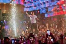 Ed Sheeran is shown during Martin Garrix's show at Omnia Nightclub at Caesars Palace on Friday, ...
