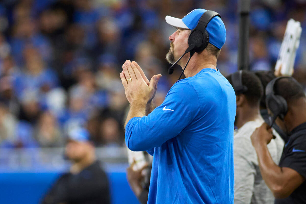 Detroit Lions head coach Dan Campbell on the sideline against the Carolina Panthers during an N ...