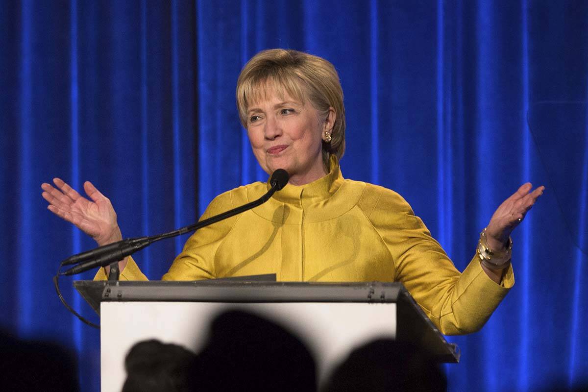 Former Secretary of State Hillary Clinton speaks in New York in April 2017. (AP Photo/Kevin Hagen)