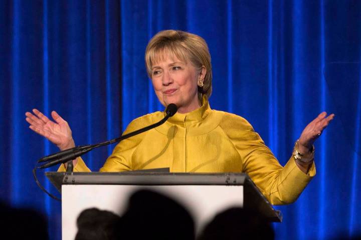 Former Secretary of State Hillary Clinton speaks in New York in April 2017. (AP Photo/Kevin Hagen)