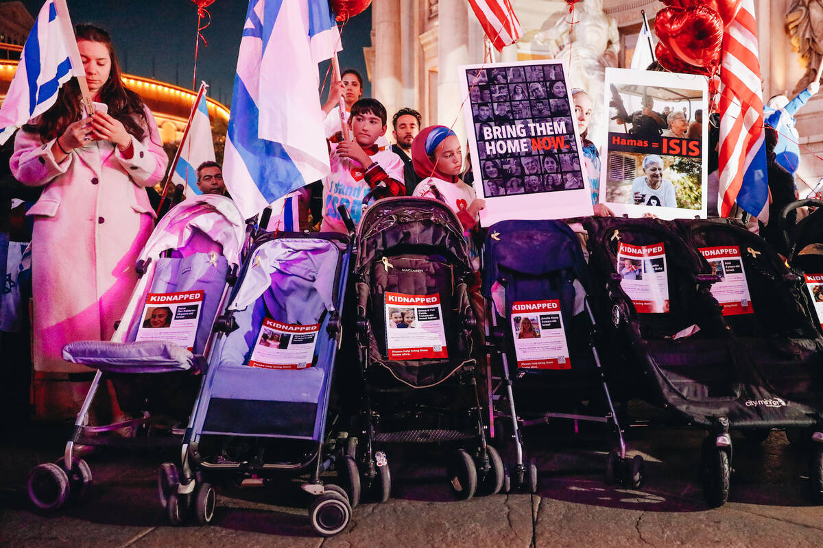 Demonstrators gather during a pro-Israel rally held by the Israeli American Council outside of ...