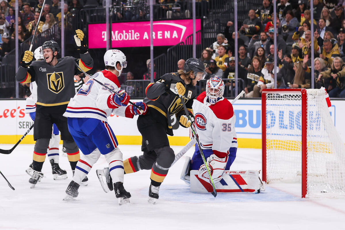 Golden Knights center Paul Cotter (43) makes a goal against the Montreal Canadiens during their ...