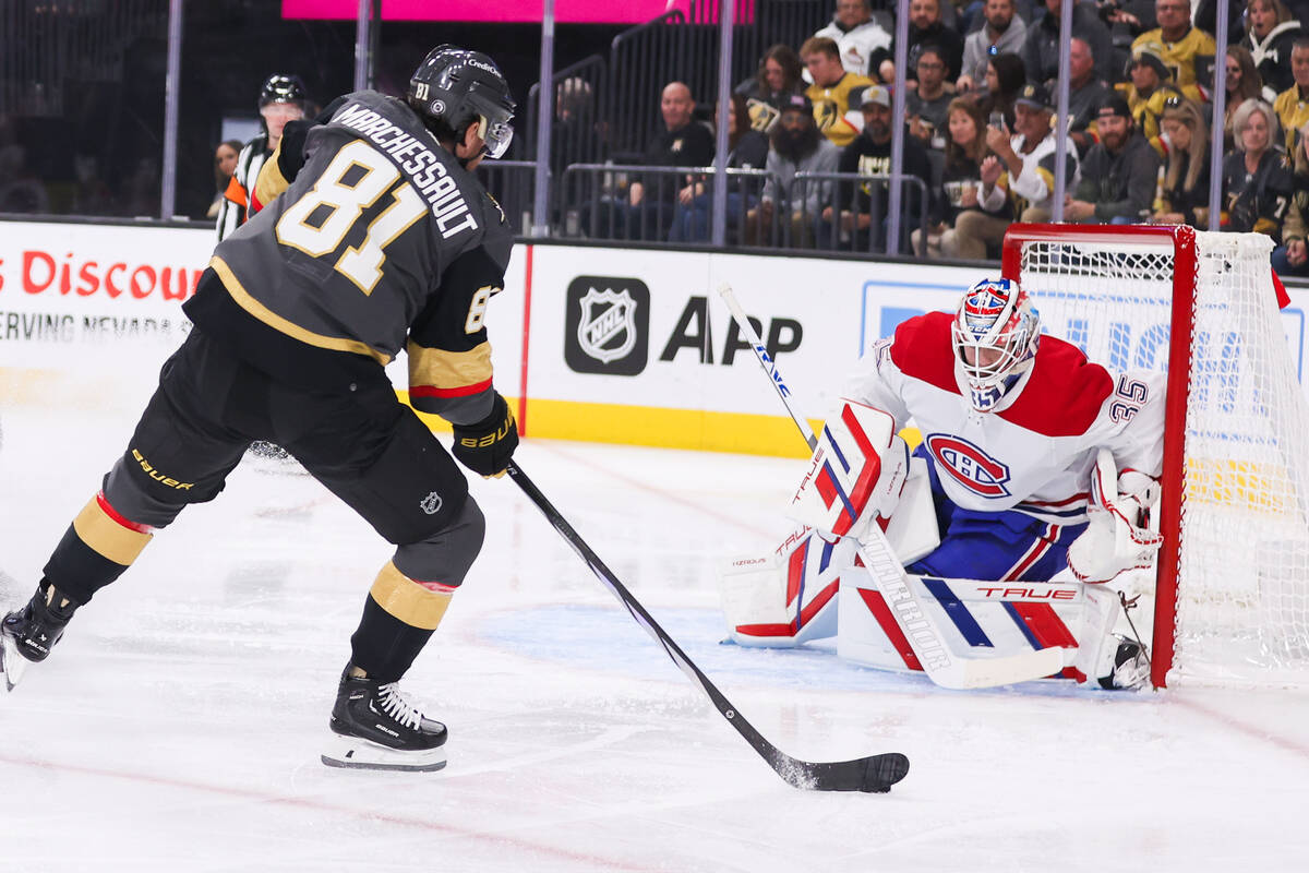 Golden Knights right wing Jonathan Marchessault (81) shoots the puck against Montreal Canadiens ...