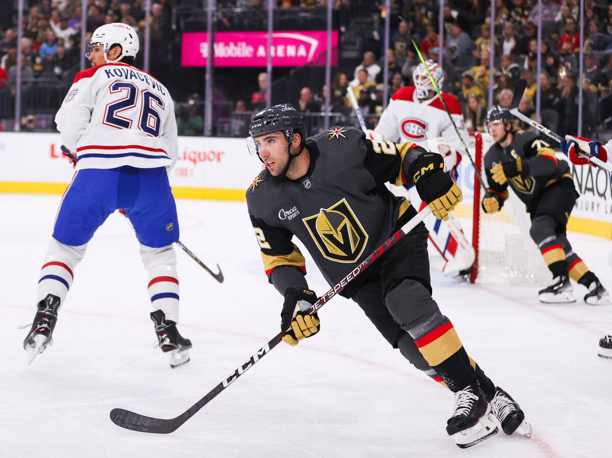 Golden Knights defenseman Zach Whitecloud (2) looks across the ice during an NHL game against t ...