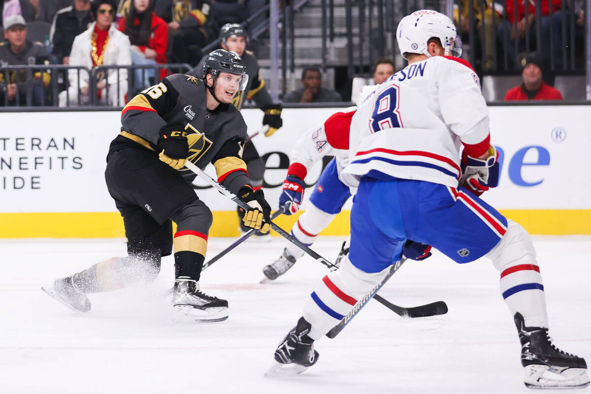 Golden Knights left wing Pavel Dorofeyev (16) shoots the puck while Montreal Canadiens defensem ...
