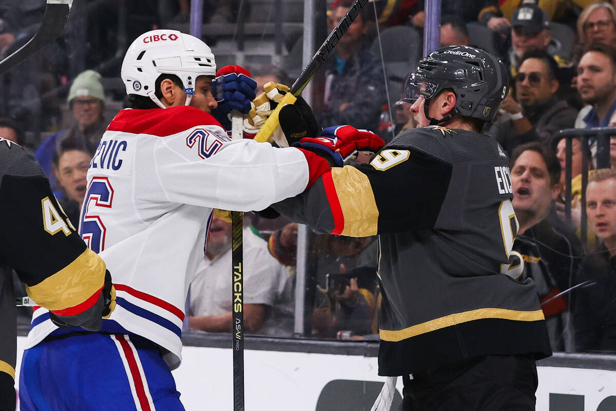 Golden Knights center Jack Eichel (9) and Montreal Canadiens defenseman Johnathan Kovacevic (26 ...