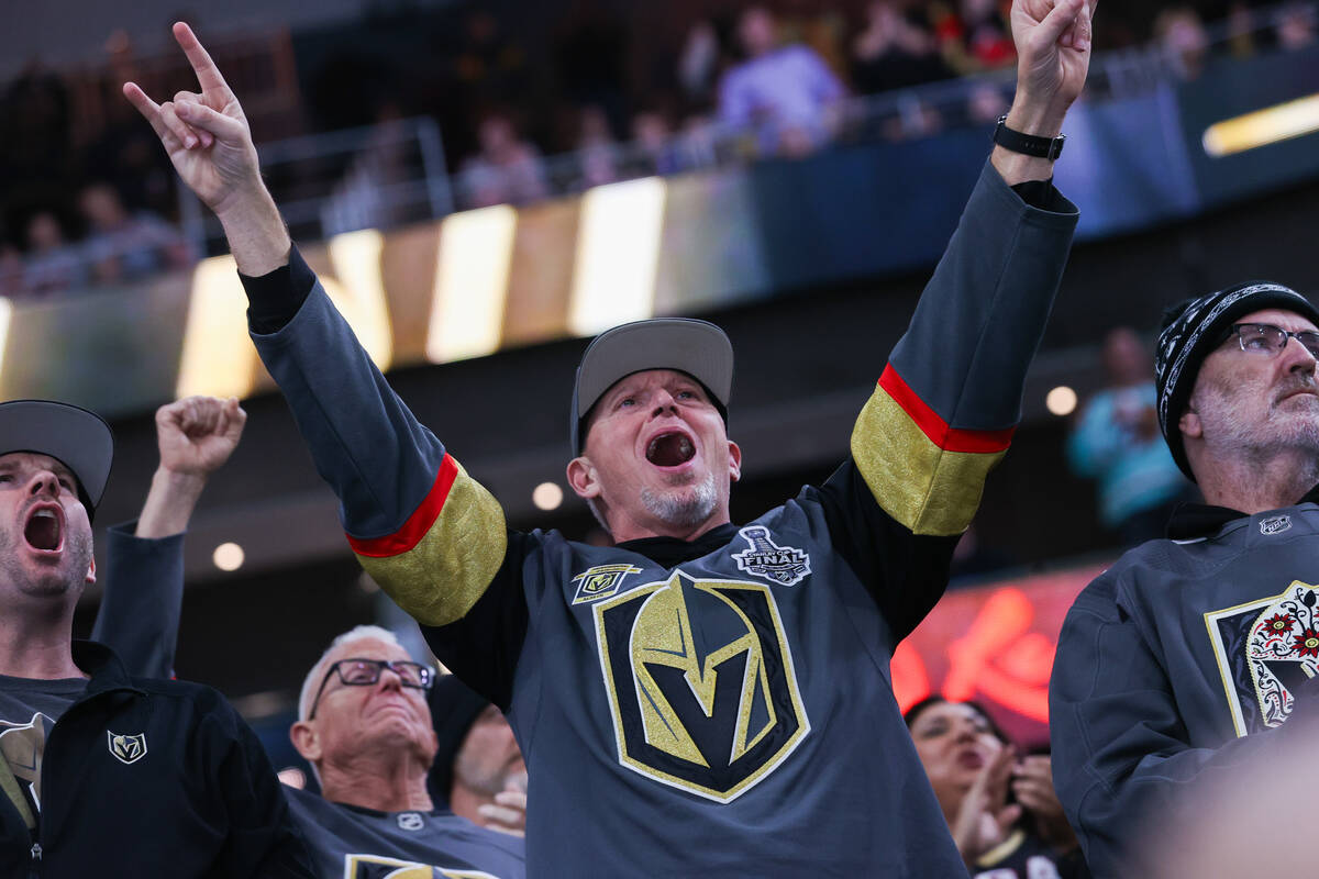 Golden Knights fans celebrate a goal during an NHL game against the Montreal Canadiens at T-Mob ...