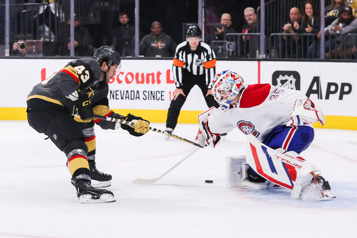 Golden Knights center Paul Cotter (43) takes a shot against Montreal Canadiens goaltender Sam M ...
