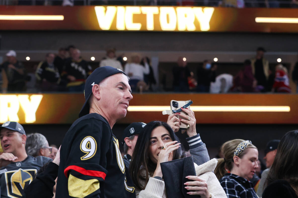 Golden Knights fans get emotional after winning a game against the Montreal Canadiens at T-Mobi ...