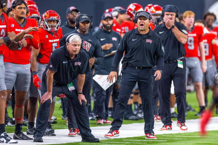 UNLV Head Coach Barry Odom yells to his offense against Hawaii during the first half of their N ...