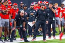 UNLV Head Coach Barry Odom yells to his offense against Hawaii during the first half of their N ...