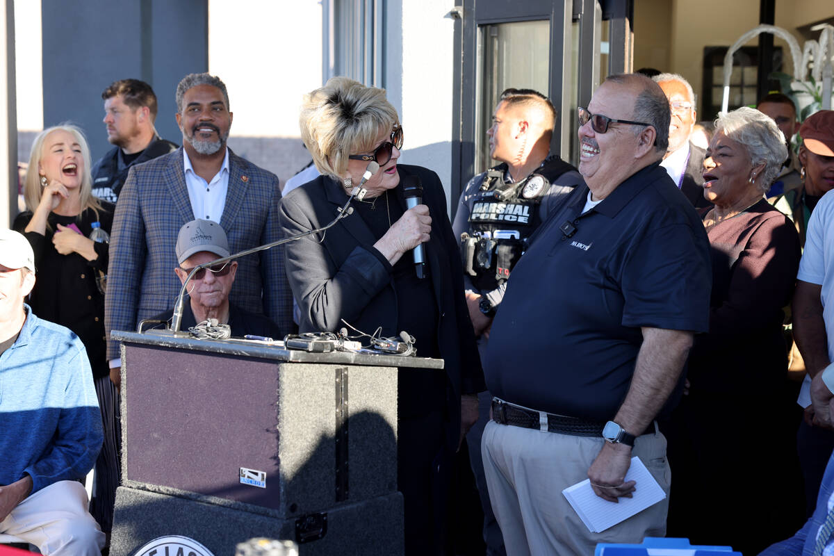 Owner and namesake Mario Berlanga, right, is congratulated by Mayor Carolyn Goodman during the ...