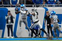 Detroit Lions safety Kerby Joseph (31) intercepts a pass intended for Las Vegas Raiders wide re ...