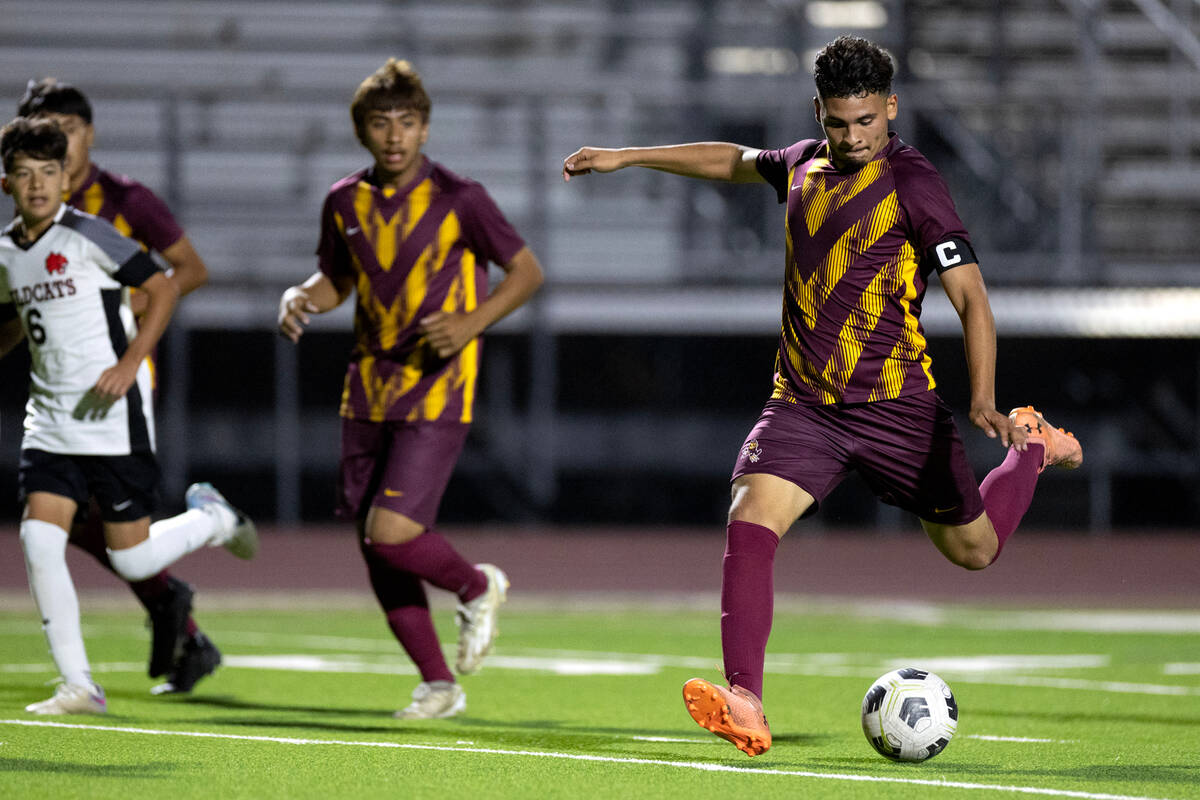 Eldorado midfielder Ángel Reveles (22) attempts a goal during the second half of a boys hi ...