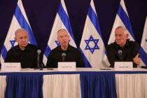 Israeli prime minister Benjamin Netanyahu, Defense Minister Yoav Gallant and Cabinet Minister B ...