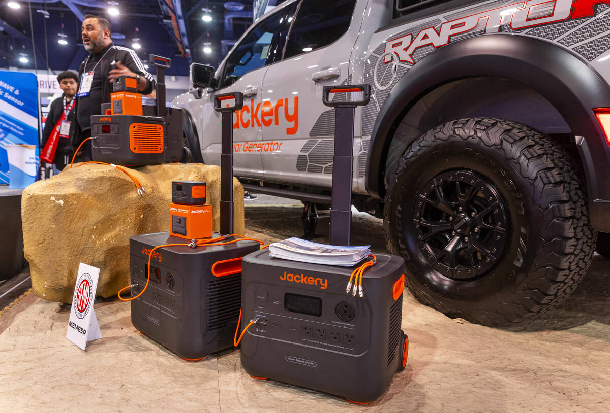 Jackery offers a variety of mobile battery chargers during the first day of SEMA at the Las Veg ...