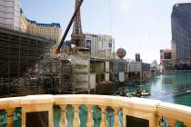 Construction on grandstands at the lake in front of Bellagio is under way as part of the Formul ...
