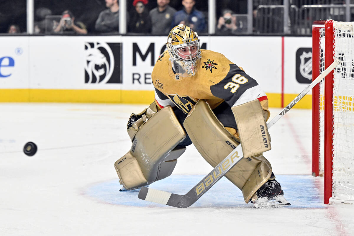 Vegas Golden Knights goaltender Logan Thompson (36) watches play during the third period of the ...