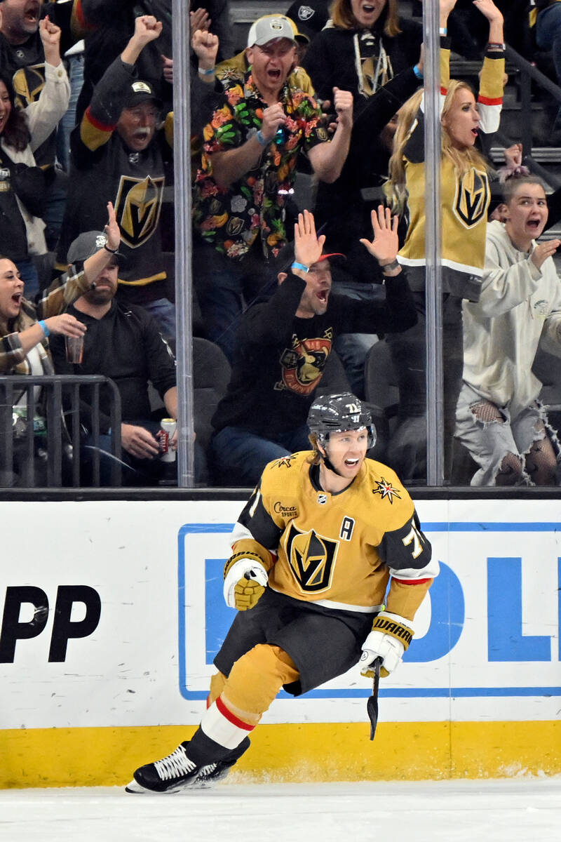 Vegas Golden Knights center William Karlsson (71) reacts after scoring against the Winnipeg Jet ...