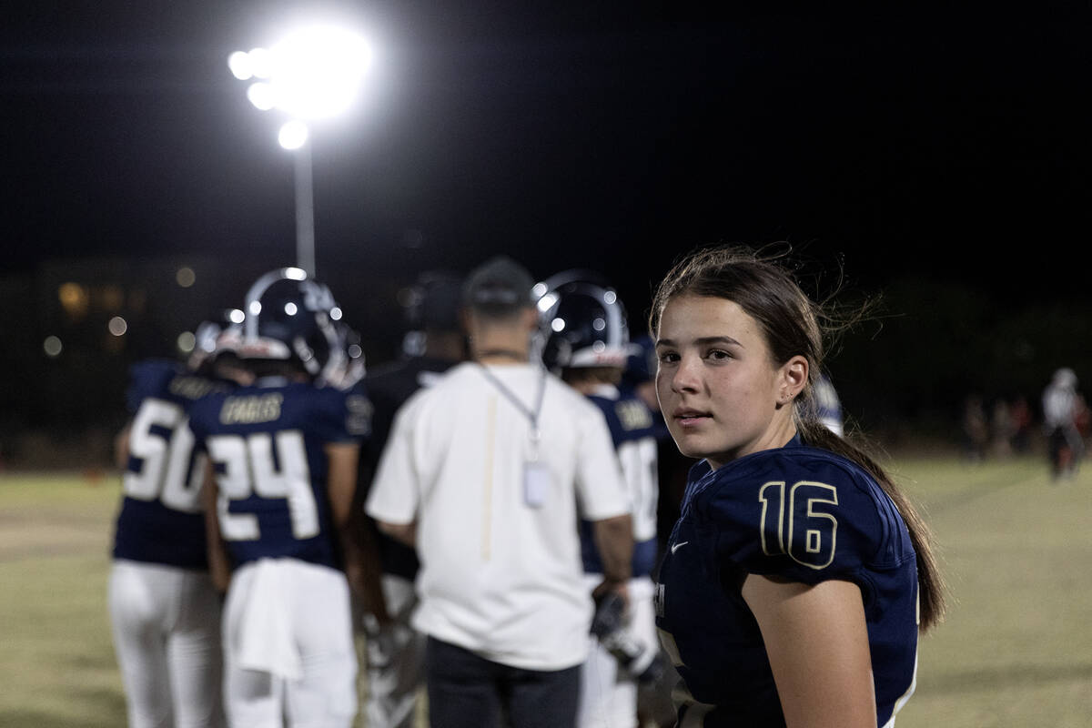Lake Mead kicker Gracie Rhodes waits for her turn on the field during a Class 2A high school fo ...