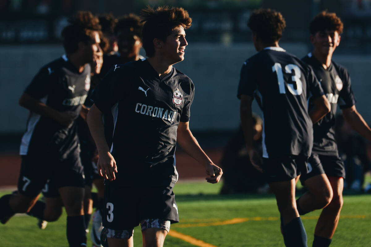 Coronado’s Grayson Elisaldez (3) celebrates scoring against Bishop Gorman during a Class ...