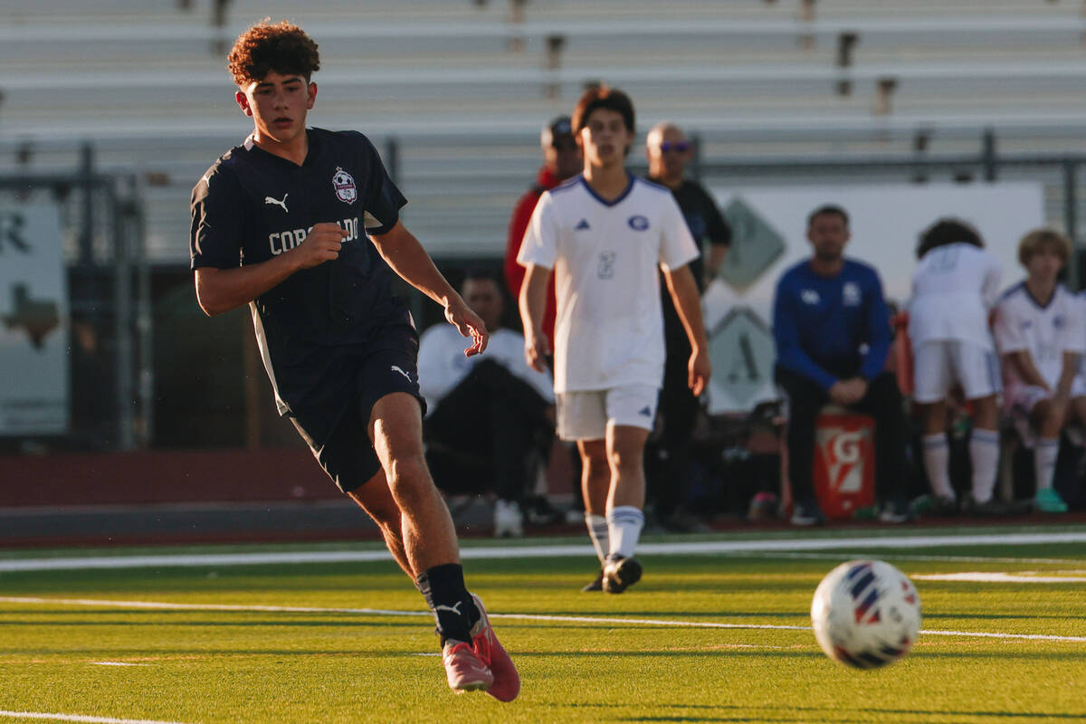 Coronado midfielder Dylan Flores chases down the ball during a Class 5A Southern League semifin ...