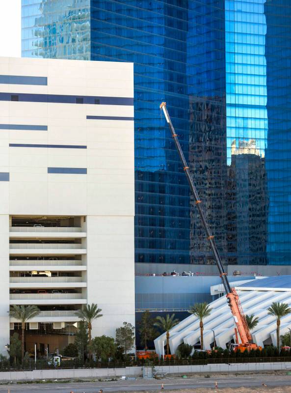 Construction workers are busy with projects nearing the end about the exterior at the Fontaineb ...