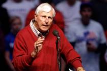 Bob Knight speaks during a campaign stop for Donald Trump in Indianapolis in April 2016. (AP Ph ...