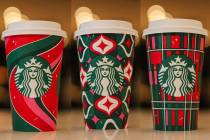 A few of the new Starbucks holiday cups are shown. From left is pepperment swirl, bauble wrap a ...