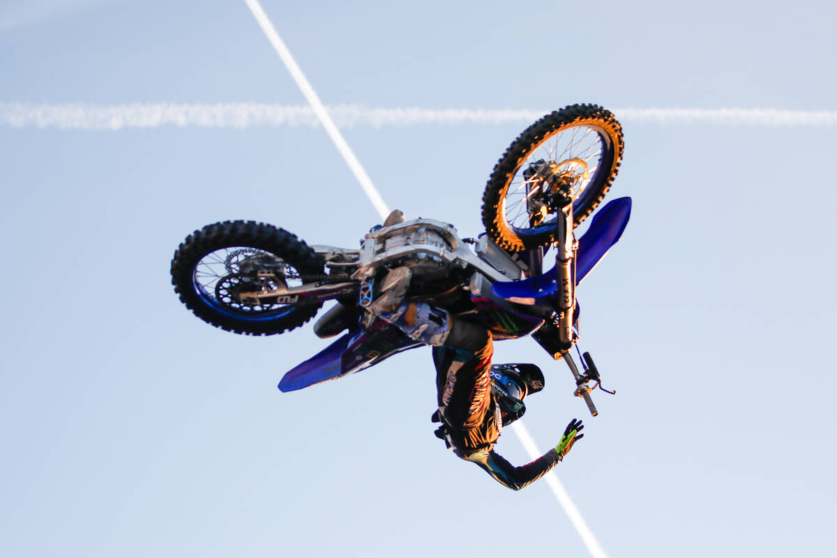 Jarryd Mcniel competes in a Nitro Circus freestyle motocross event at the 2023 SEMA Fest on Fri ...