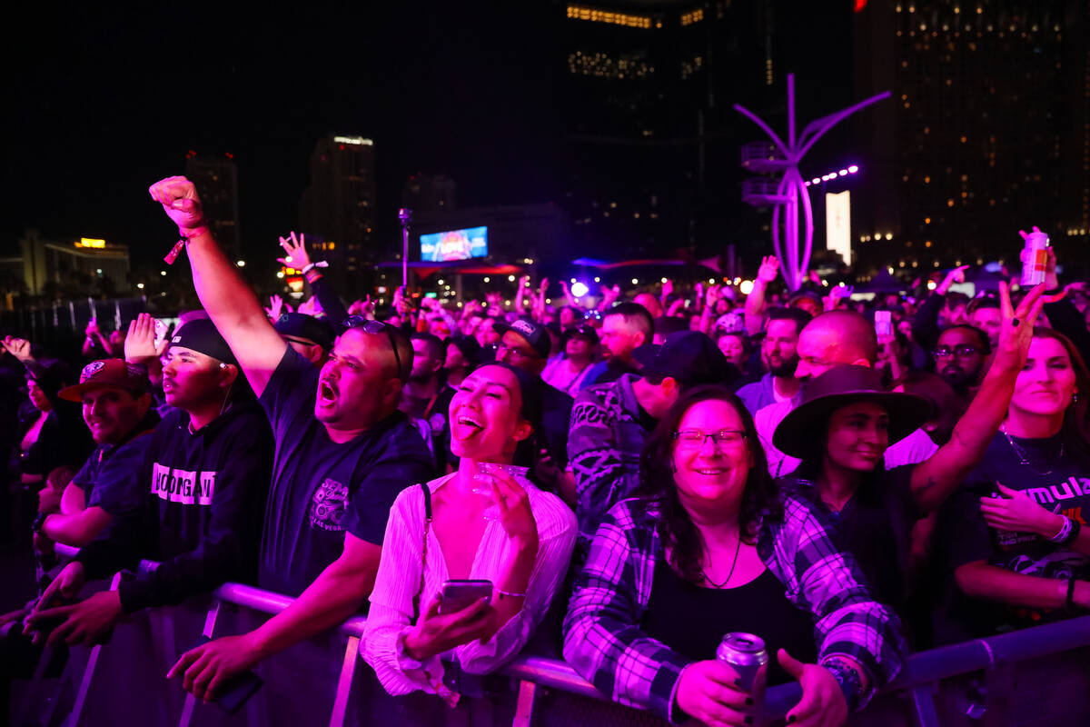 Fans of Wiz Khalifa enjoy his set at the 2023 SEMA Fest on Friday, Nov. 3, 2023 in Las Vegas. ( ...