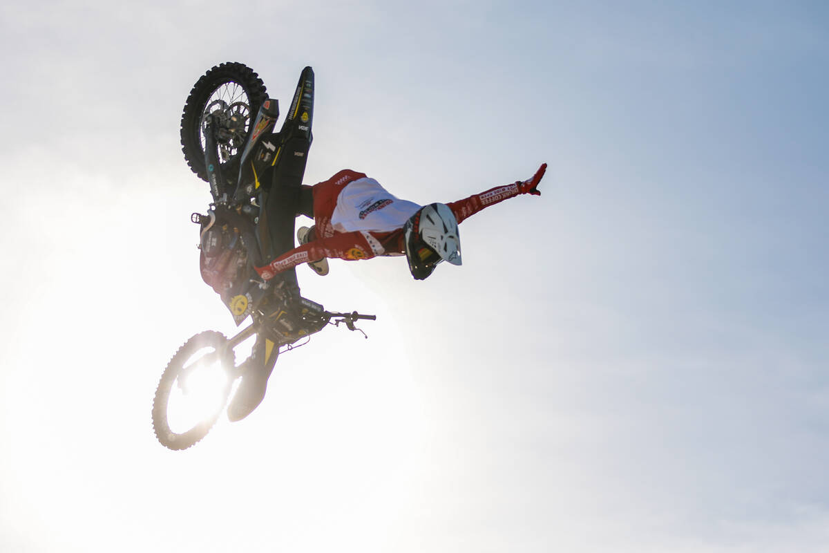 James Carter competes in a Nitro Circus freestyle motocross event at the 2023 SEMA Fest on Frid ...
